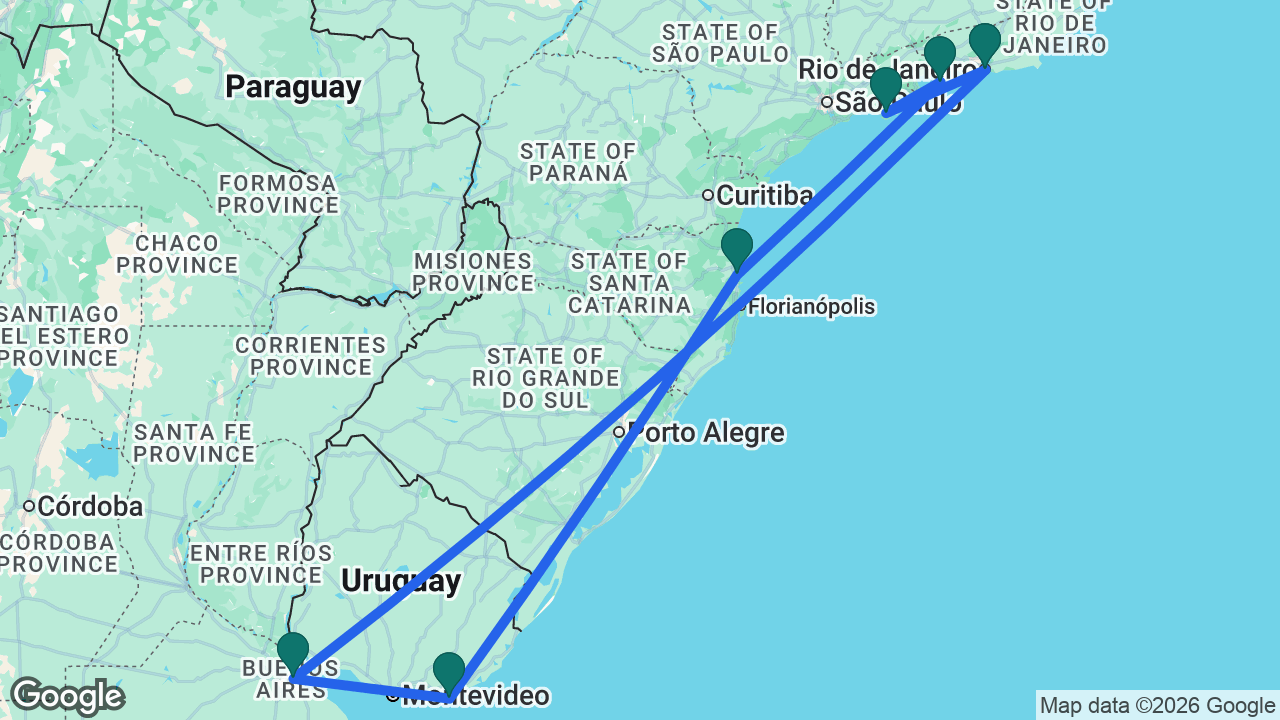 Route map: Rio -> Ilhabela -> Ilha Grande -> Balneário Camboriú -> Punta del Este -> Buenos Aires -> Rio