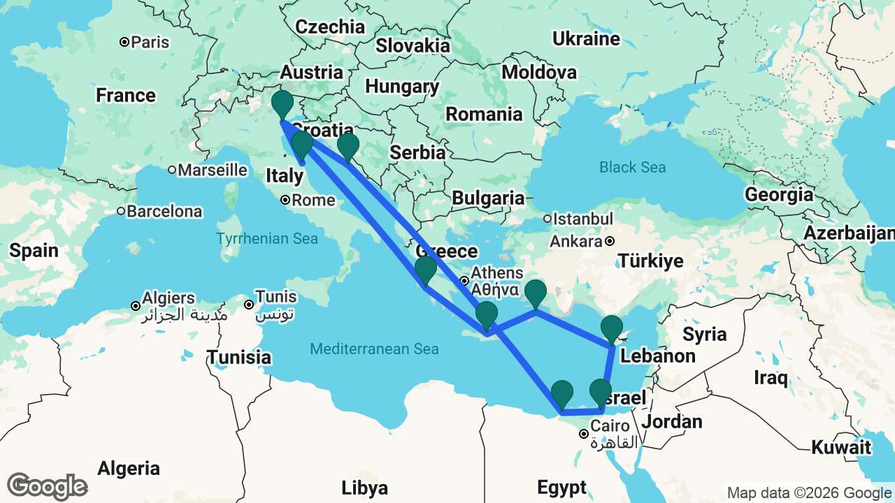Route map: Ancona -> Venice -> Katakolon -> Heraklion -> Rhodes -> Limassol -> Port Said -> Alexandria -> Split -> Venice