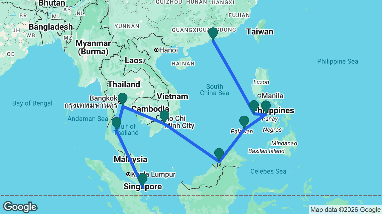 Route map: Hong Kong -> Coron -> Boracay -> Puerto Princesa -> Muara -> Ho Chi Minh City -> Bangkok -> Koh Samui -> Singapore