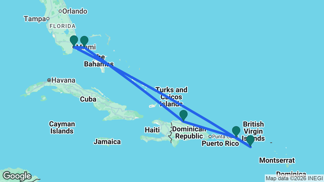 Route map: Miami -> St. Croix -> San Juan -> Puerto Plata -> Bimini -> Miami