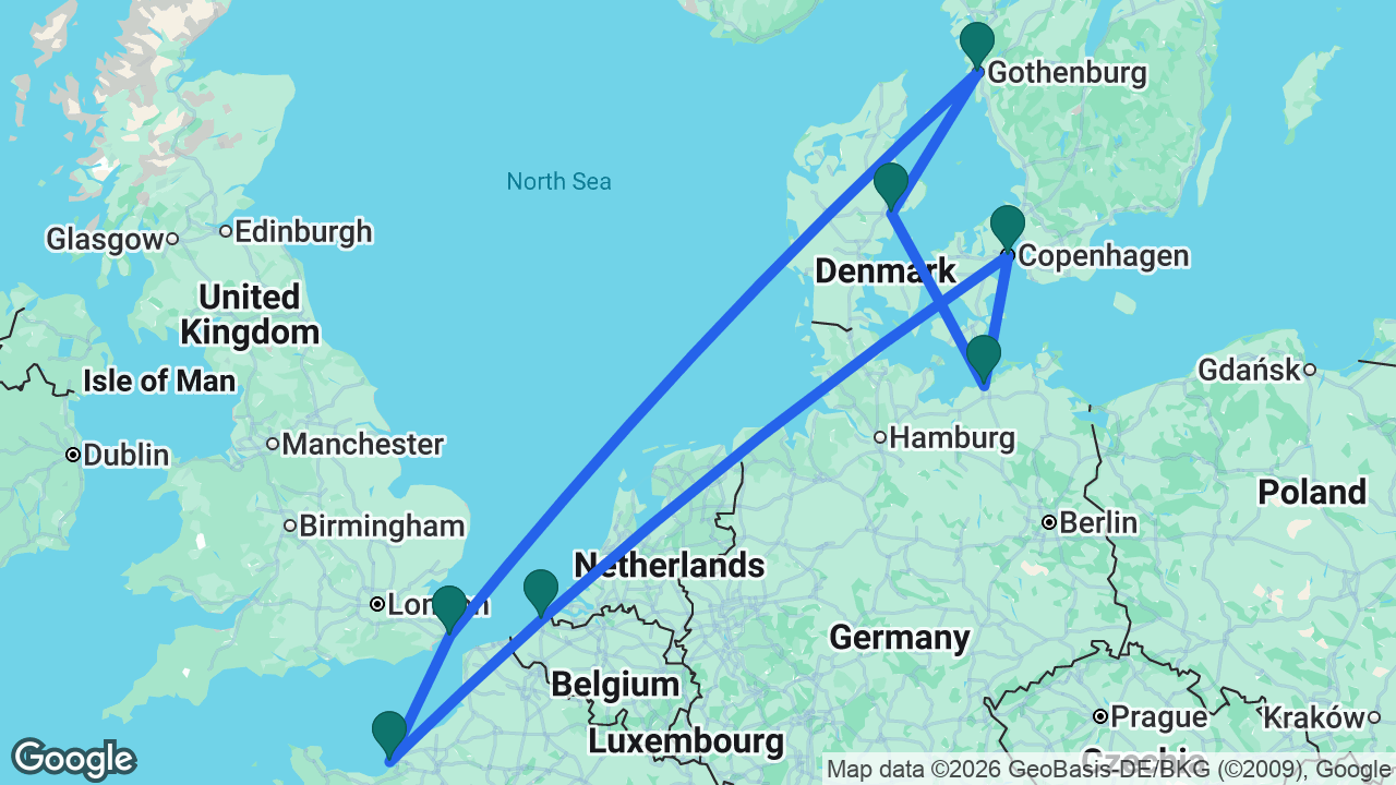 Route map: Dover -> Paris -> Bruges -> Copenhagen -> Berlin -> Aarhus -> Gothenburg -> Dover