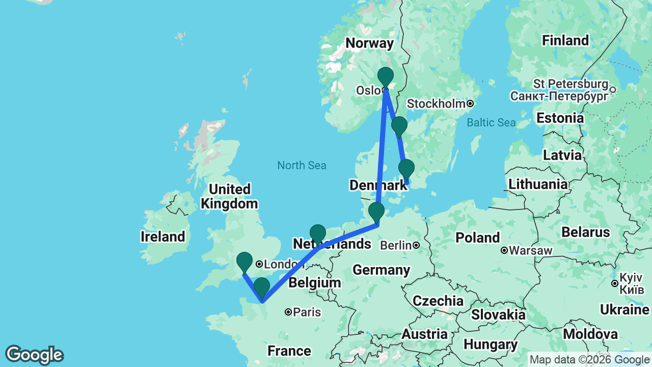 Route map: Copenhagen -> Gothenburg -> Oslo -> Hamburg -> Amsterdam -> Paris -> Southampton