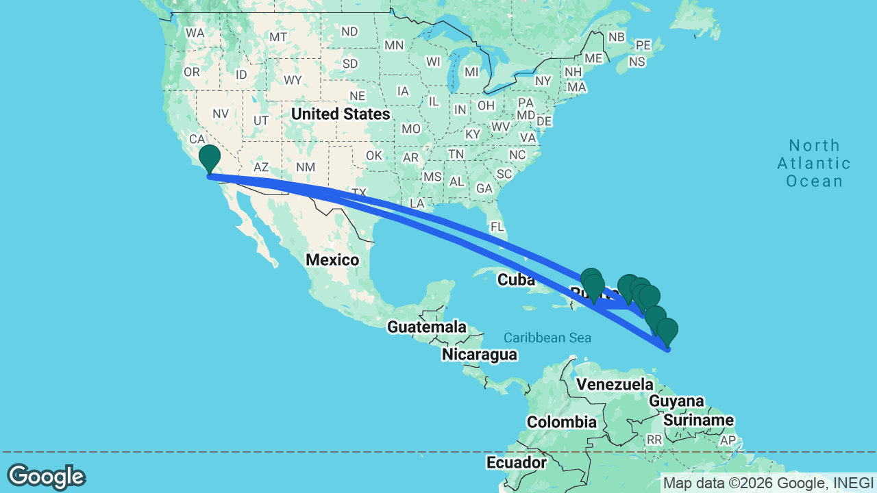Route map: La Romana -> Samaná -> Virgin Gorda -> St. Kitts -> St. Maarten -> Catalina -> Barbados -> Martinique -> Antigua -> Tortola -> La Romana