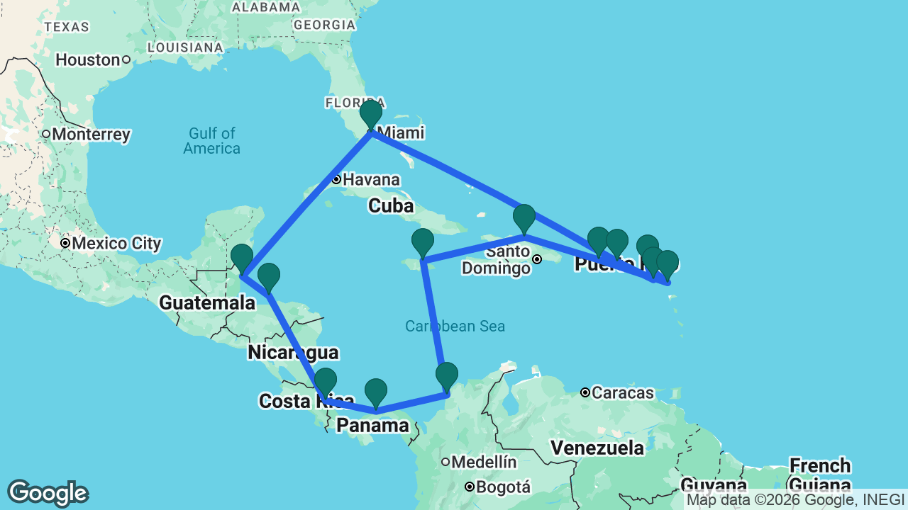Route map: Miami -> St. Thomas -> St. Kitts -> St. Maarten -> Antigua -> San Juan -> Puerto Plata -> Ocho Rios -> Cartagena -> Colón -> Limón -> Roatán -> Belize City -> Miami