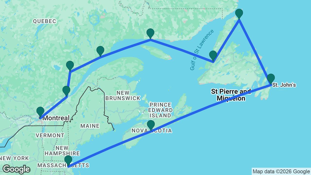 Route map: Montreal -> Québec City -> Saguenay -> Baie-Comeau -> Havre-Saint-Pierre -> Corner Brook -> St. Anthony -> St. John's -> Halifax -> Boston
