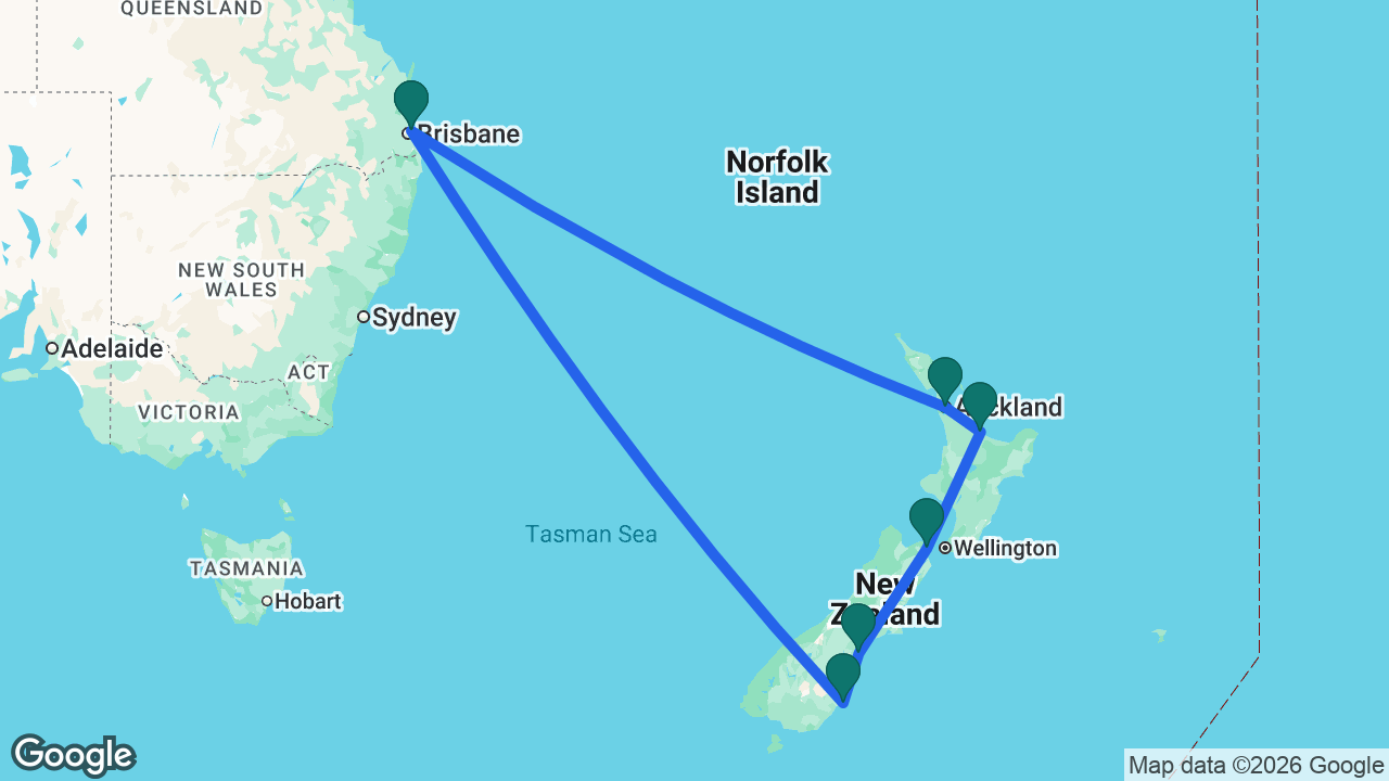 Route map: Brisbane -> Auckland -> Tauranga -> Picton -> Timaru -> Dunedin -> Brisbane