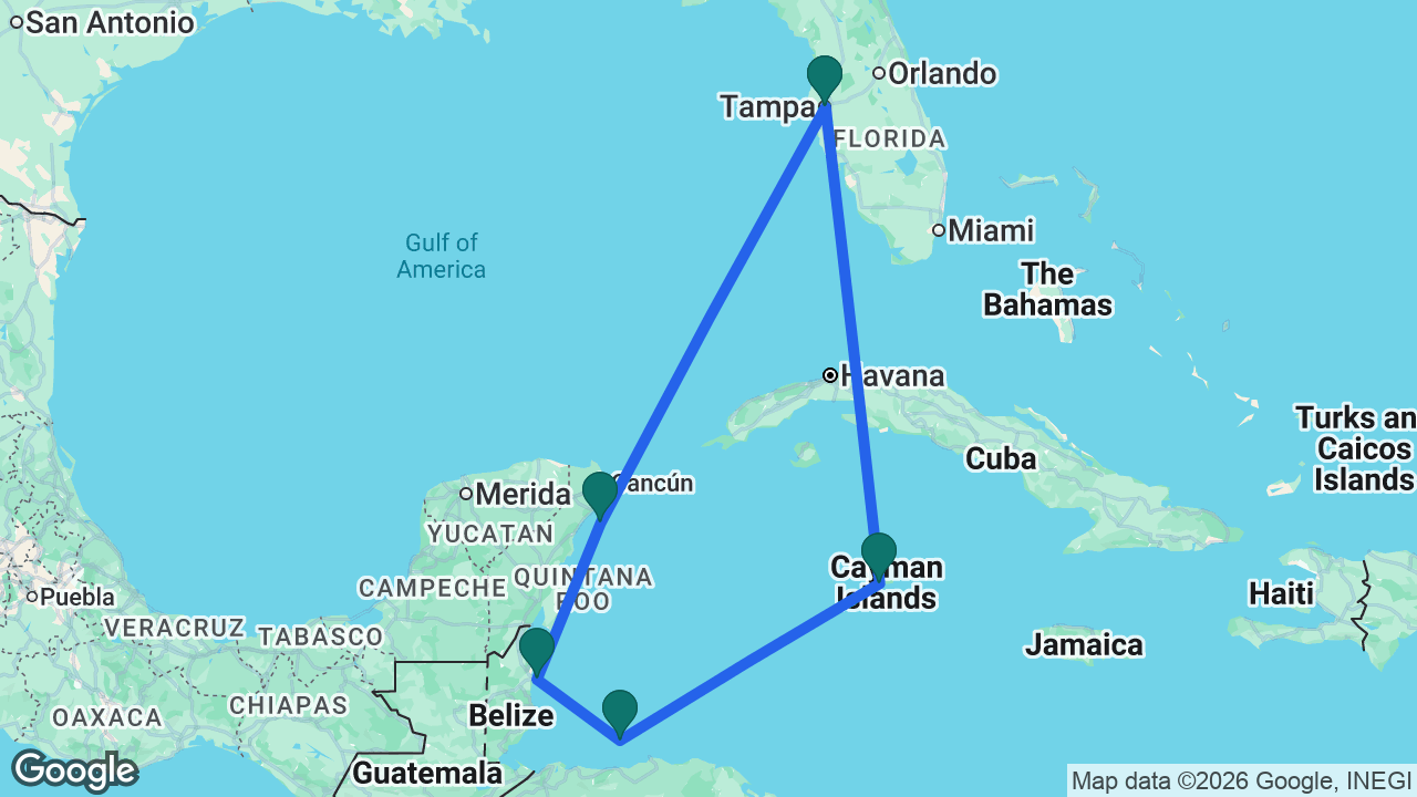 Route map: Tampa -> Grand Cayman -> Roatán -> Belize City -> Cozumel -> Tampa