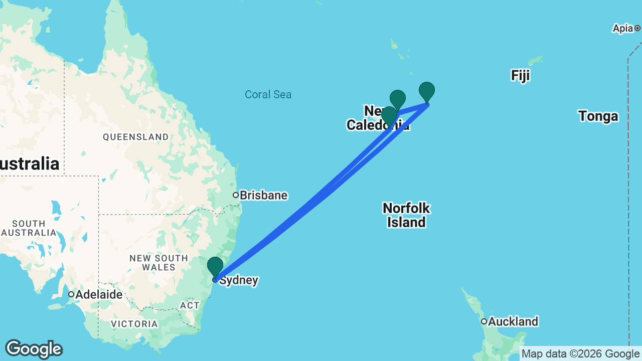Route map: Sydney -> Mystery Island -> Lifou -> Nouméa -> Sydney