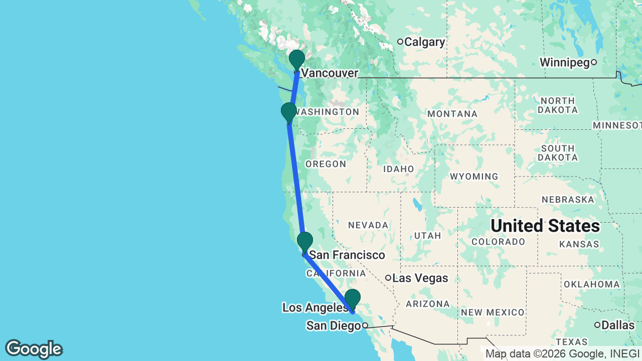 Route map: Vancouver -> Astoria -> San Francisco -> Los Angeles