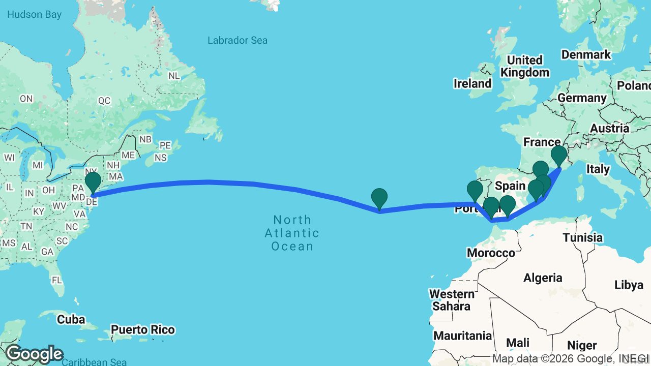 Route map: Philadelphia -> Azores -> Lisbon -> Cádiz -> Motril -> Ibiza -> Mallorca -> Marseille -> Barcelona