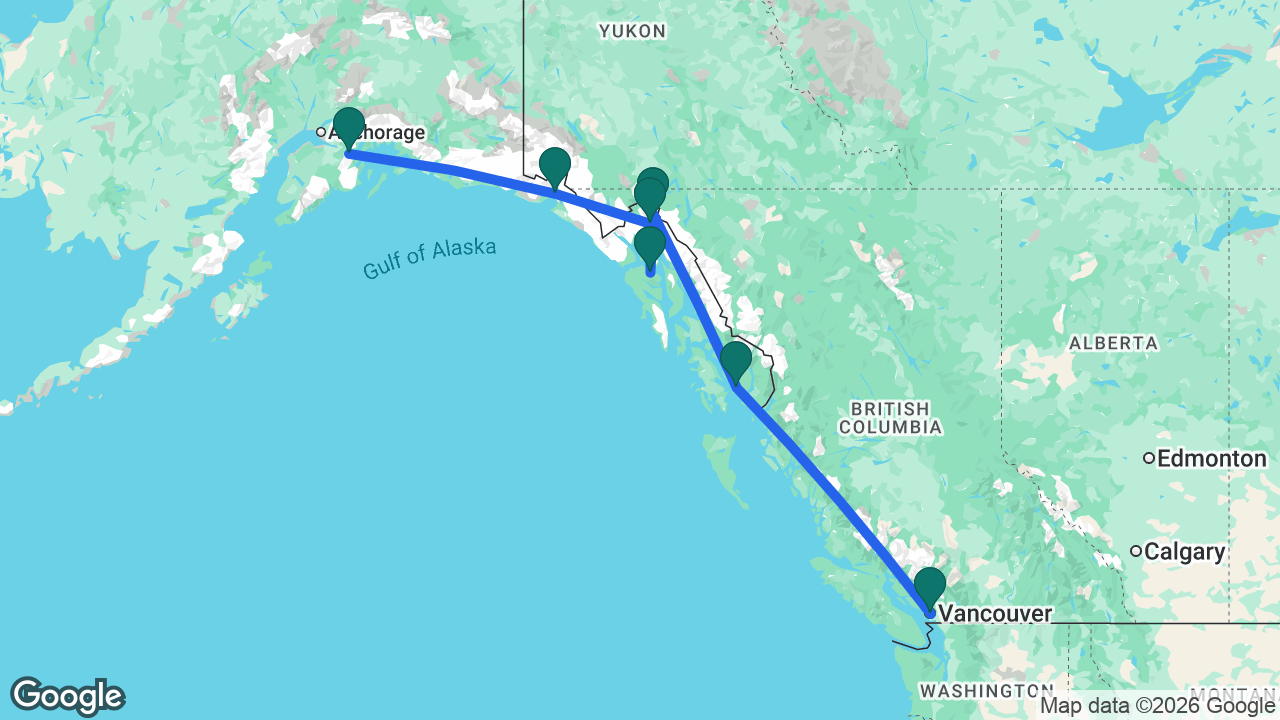 Route map: Whittier -> Hubbard Glacier -> Haines -> Icy Strait Point -> Skagway -> Ketchikan -> Vancouver