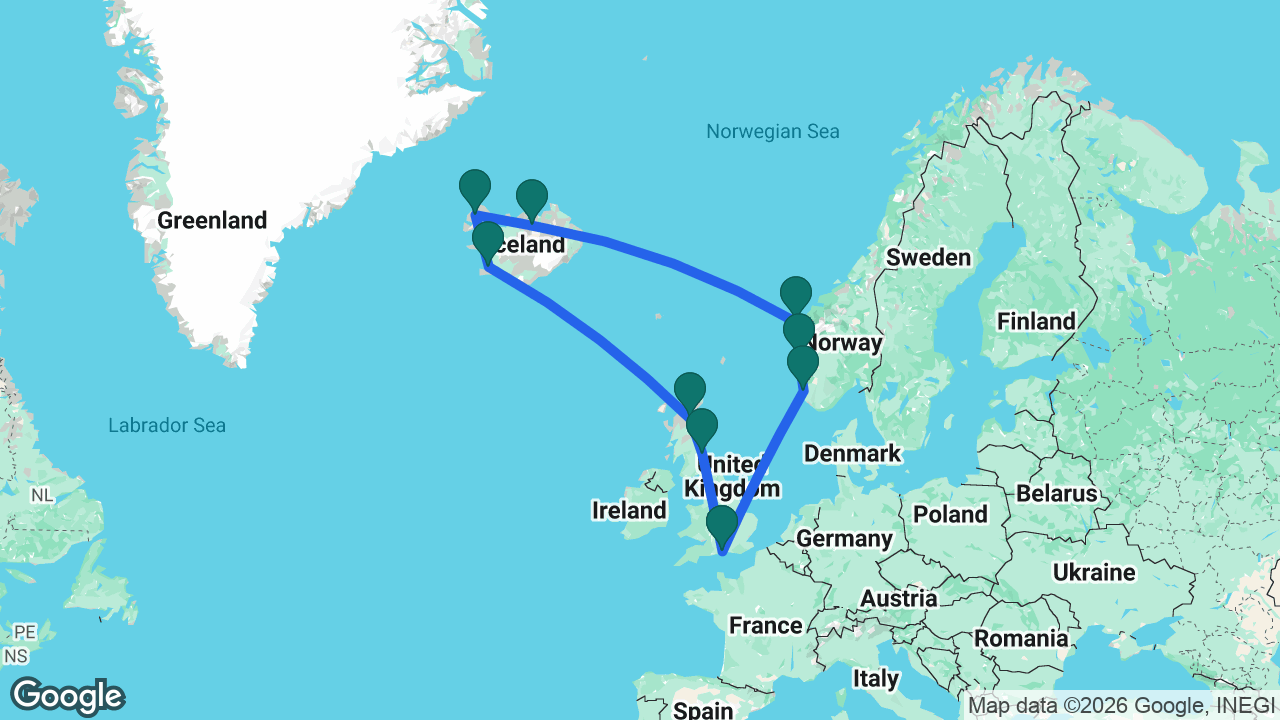 Route map: Southampton -> Edinburgh -> Invergordon -> Reykjavik -> Isafjordur -> Akureyri -> Måløy -> Bergen -> Stavanger -> Southampton