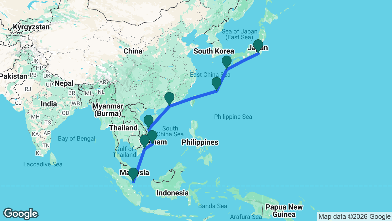 Route map: Tokyo -> Kagoshima -> Naha -> Hong Kong -> Da Nang -> Cam Ranh -> Ho Chi Minh City -> Singapore