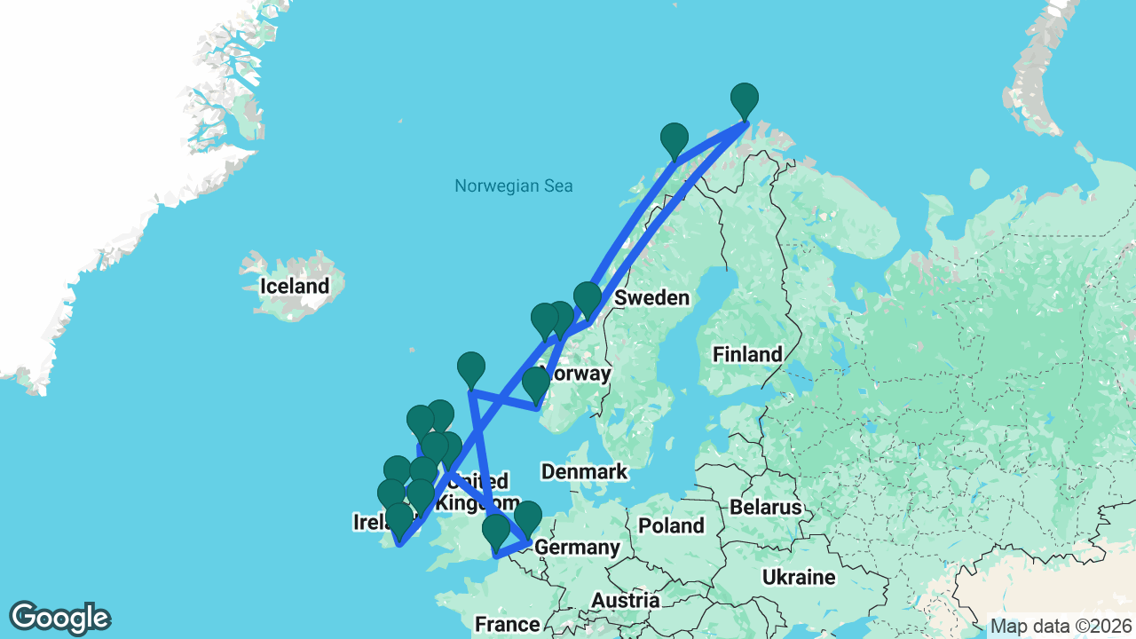 Route map: Dover -> Rotterdam -> South Queensferry -> Invergordon -> Isle of Skye -> Belfast -> Glasgow -> Killybegs -> Galway -> Cobh -> Dún Laoghaire -> Ålesund -> Trondheim -> North Cape -> Tromsø -> Åndalsnes -> Haugesund -> Lerwick -> Dover