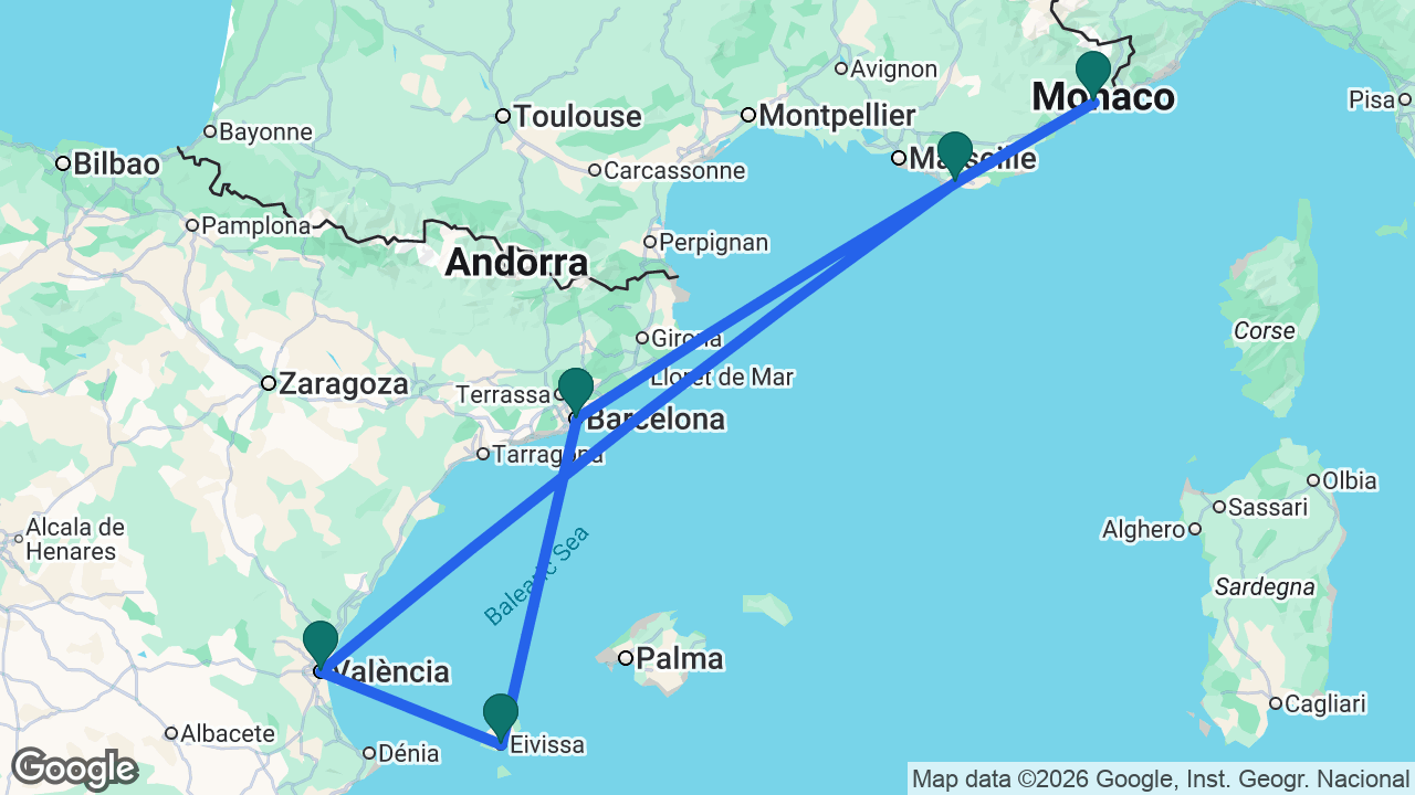 Route map: Barcelona -> Villefranche -> Toulon -> Valencia -> Ibiza -> Barcelona
