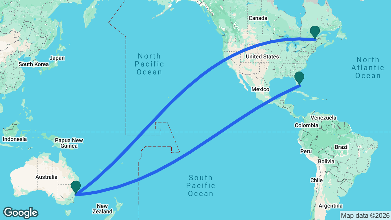 Route map: Québec City -> Sydney -> Miami