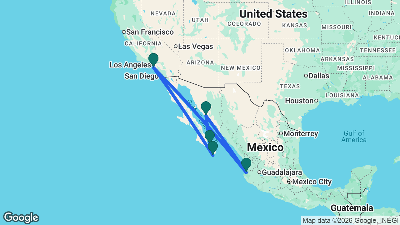 Route map: Los Angeles -> Cabo -> La Paz -> Guaymas -> Puerto Vallarta -> Los Angeles