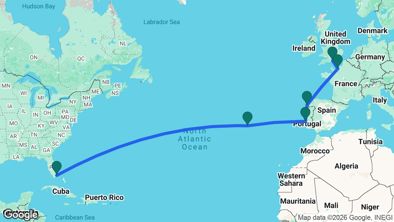 Route map: Southampton -> Paris -> Vigo -> Lisbon -> Azores -> Miami