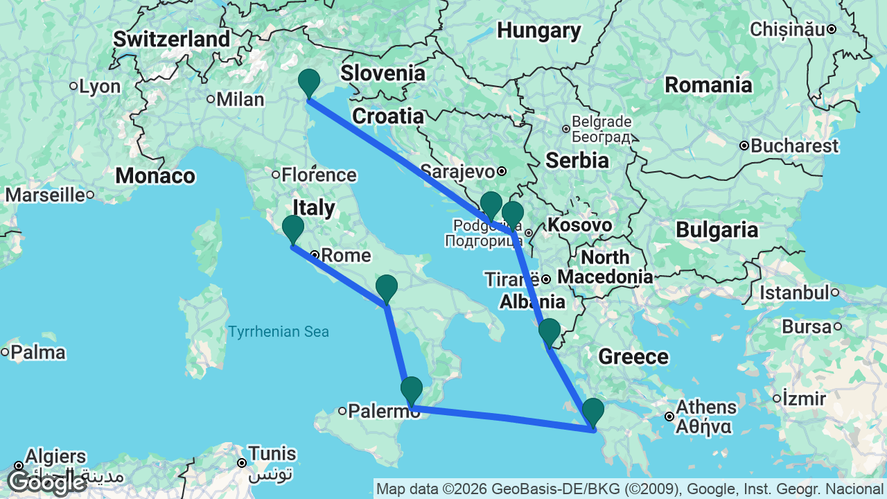 Route map: Venice -> Dubrovnik -> Kotor -> Corfu -> Katakolon -> Messina -> Amalfi Coast -> Rome