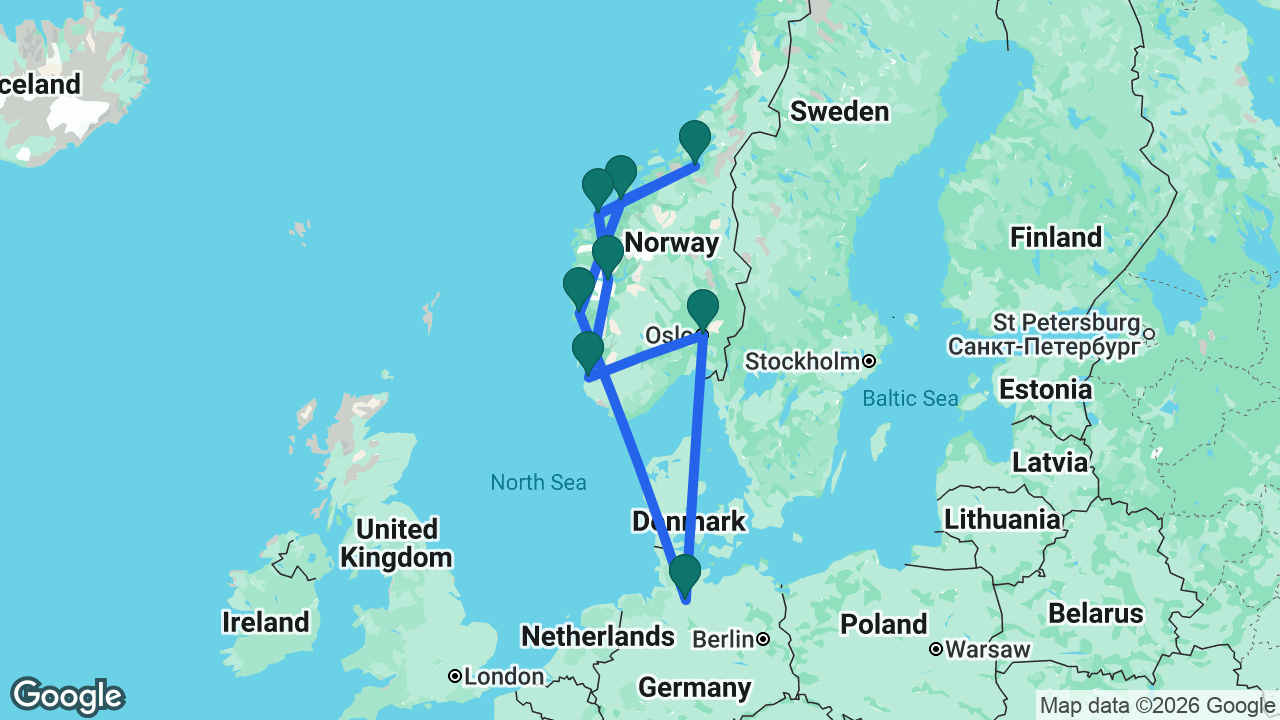 Route map: Hamburg -> Bergen -> Molde -> Trondheim -> Ålesund -> Vik -> Stavanger -> Oslo -> Hamburg