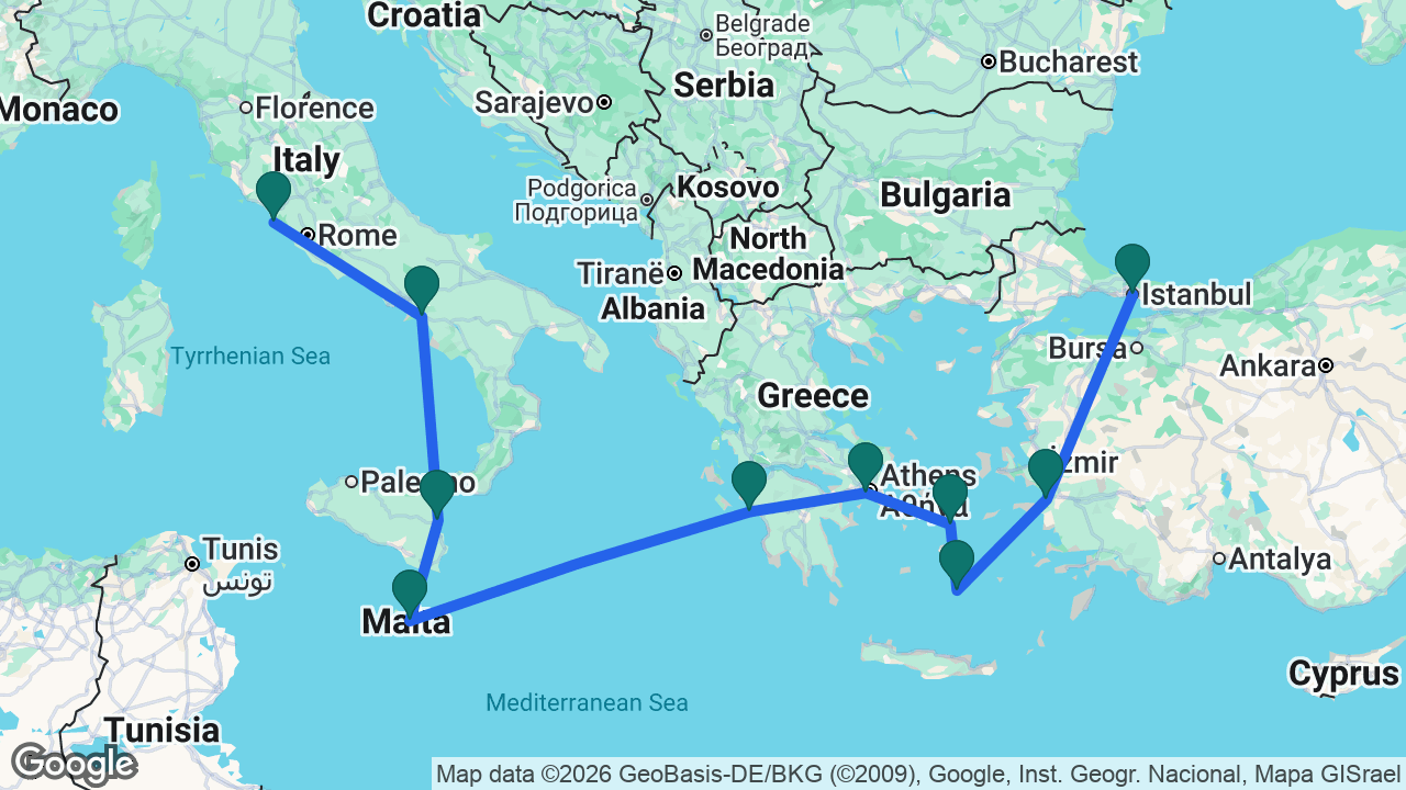 Route map: Istanbul -> Ephesus -> Santorini -> Mykonos -> Athens -> Katakolon -> Valletta -> Catania -> Amalfi Coast -> Rome