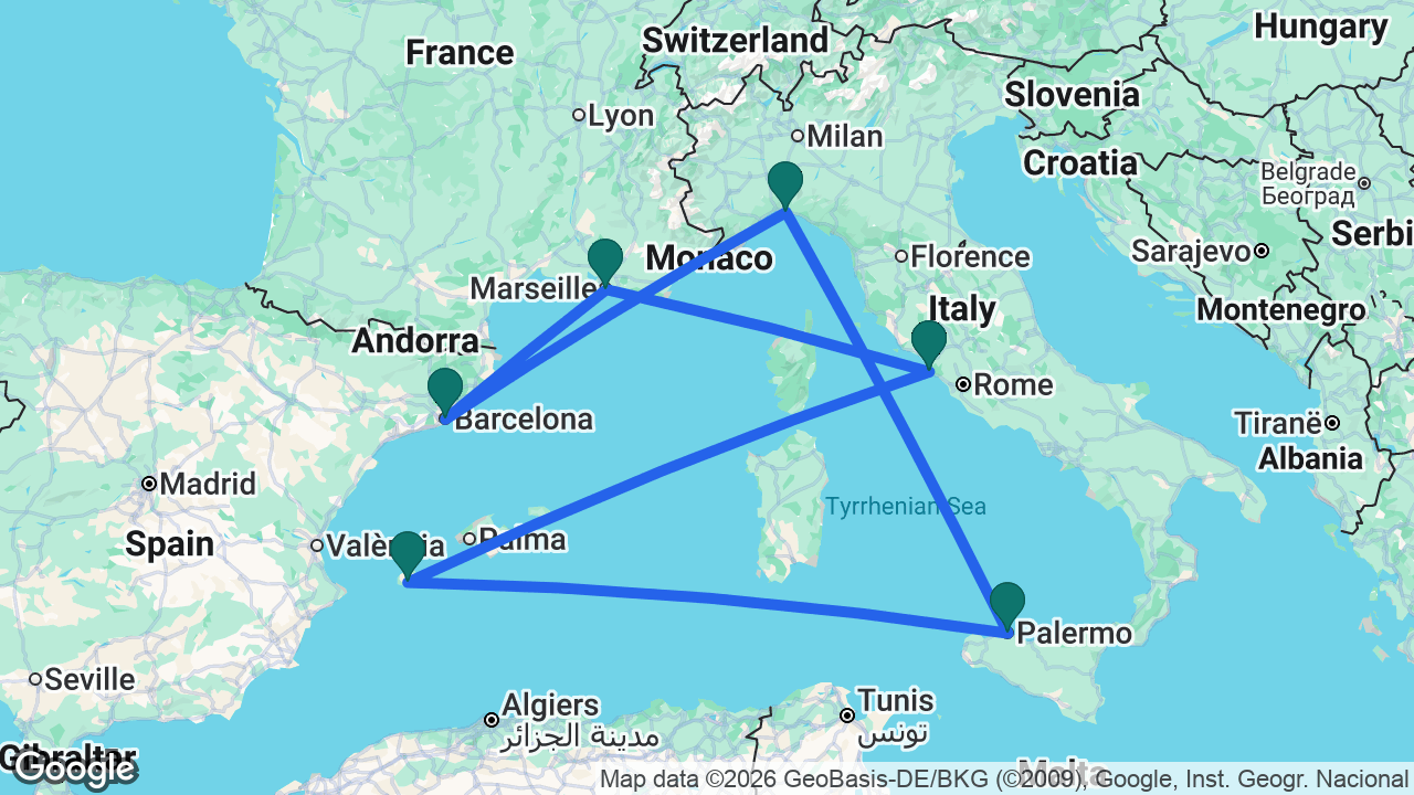 Route map: Rome -> Ibiza -> Palermo -> Genoa -> Barcelona -> Marseille -> Rome