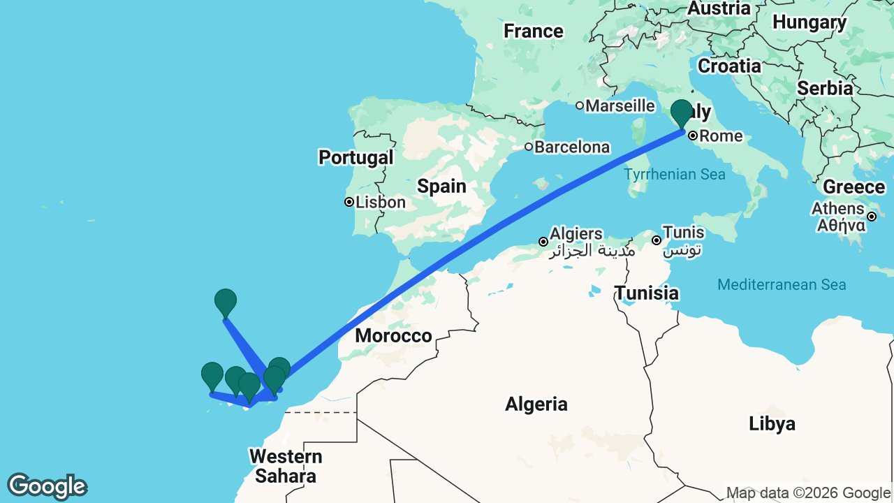 Route map: Rome -> Gran Canaria -> La Palma -> Tenerife -> Fuerteventura -> Madeira -> Lanzarote