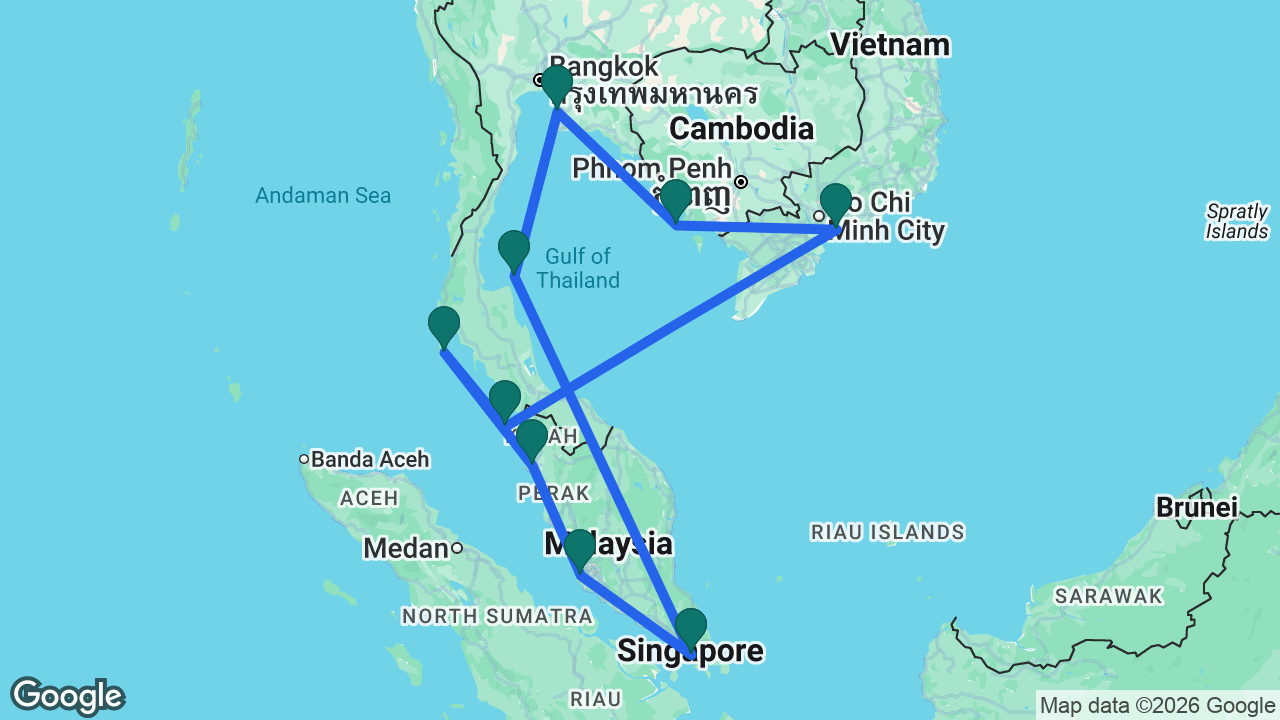 Route map: Singapore -> Koh Samui -> Bangkok -> Sihanoukville -> Ho Chi Minh City -> Langkawi -> Phuket -> Penang -> Kuala Lumpur -> Singapore