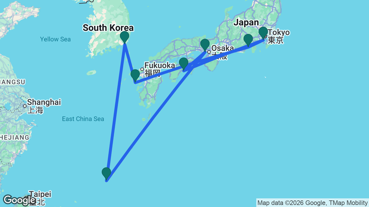 Route map: Tokyo -> Kochi -> Kobe -> Naha -> Busan -> Nagasaki -> Mount Fuji -> Tokyo