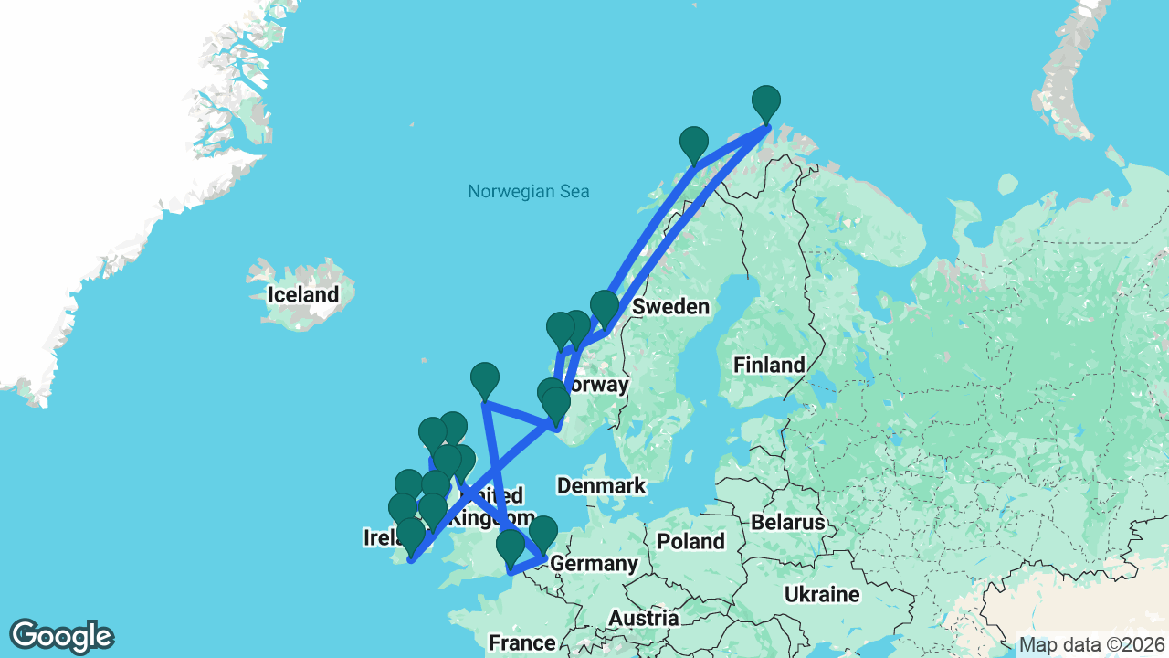 Route map: Dover -> Rotterdam -> South Queensferry -> Invergordon -> Isle of Skye -> Belfast -> Glasgow -> Killybegs -> Galway -> Dún Laoghaire -> Cobh -> Haugesund -> Ålesund -> Trondheim -> North Cape -> Tromsø -> Åndalsnes -> Stavanger -> Lerwick -> Dover