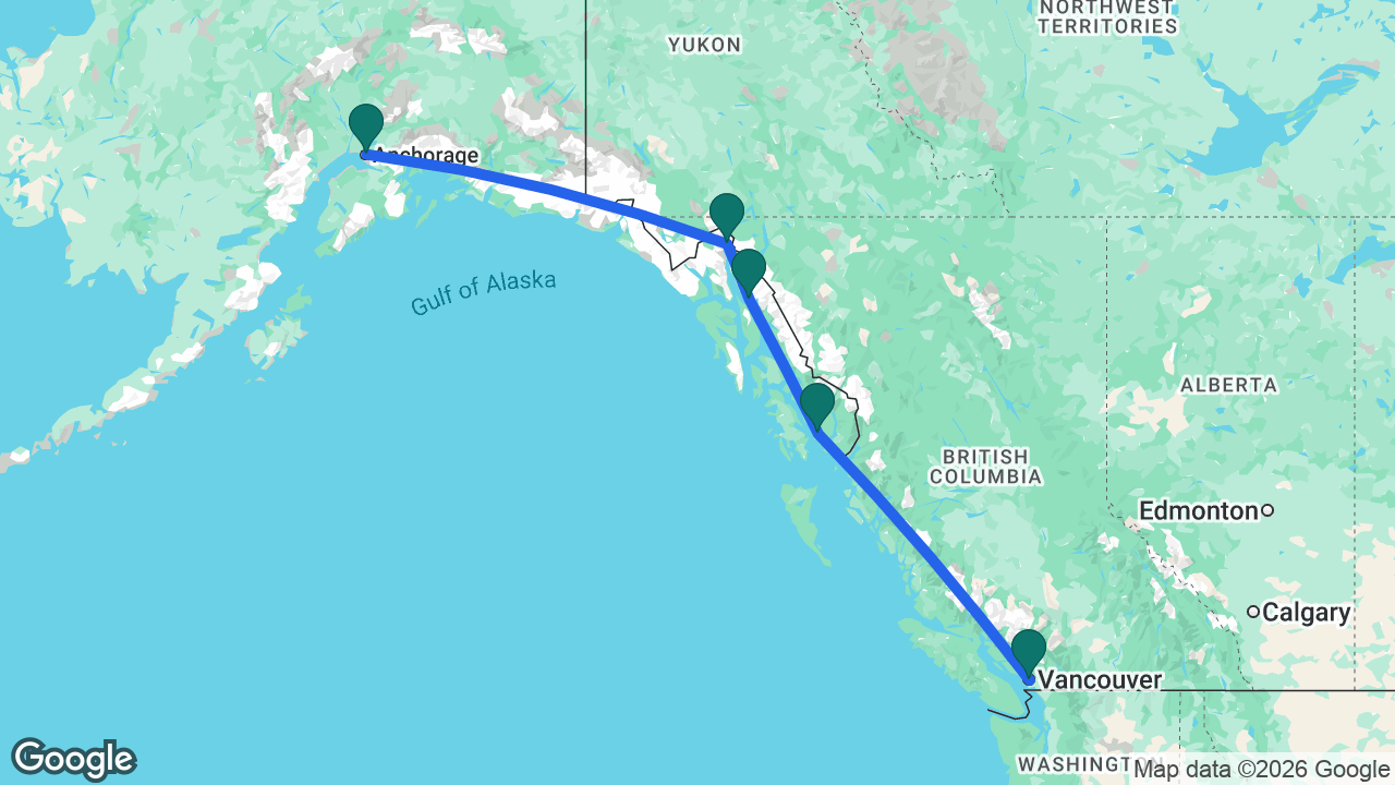Route map: Vancouver -> Ketchikan -> Juneau -> Skagway -> Anchorage