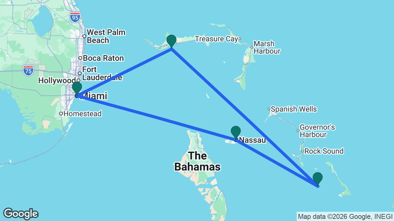 Route map: Miami -> Celebration Key -> Half Moon Cay -> Nassau -> Miami