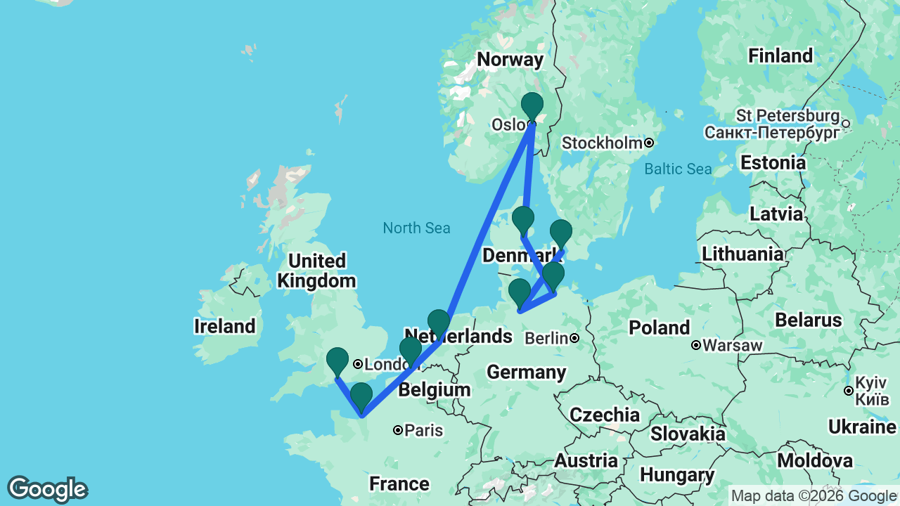 Route map: Southampton -> Paris -> Bruges -> Amsterdam -> Oslo -> Aarhus -> Berlin -> Hamburg -> Copenhagen