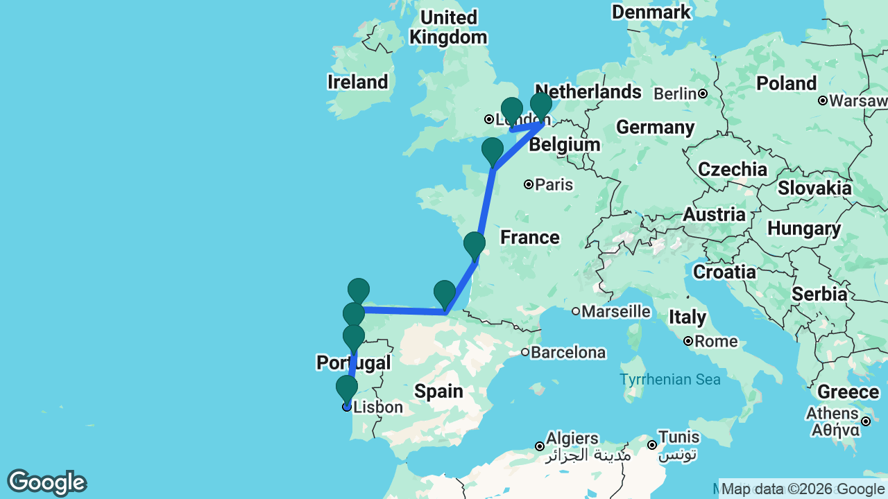 Route map: Lisbon -> Porto -> Vigo -> La Coruña -> Bilbao -> Bordeaux -> Paris -> Bruges -> Dover