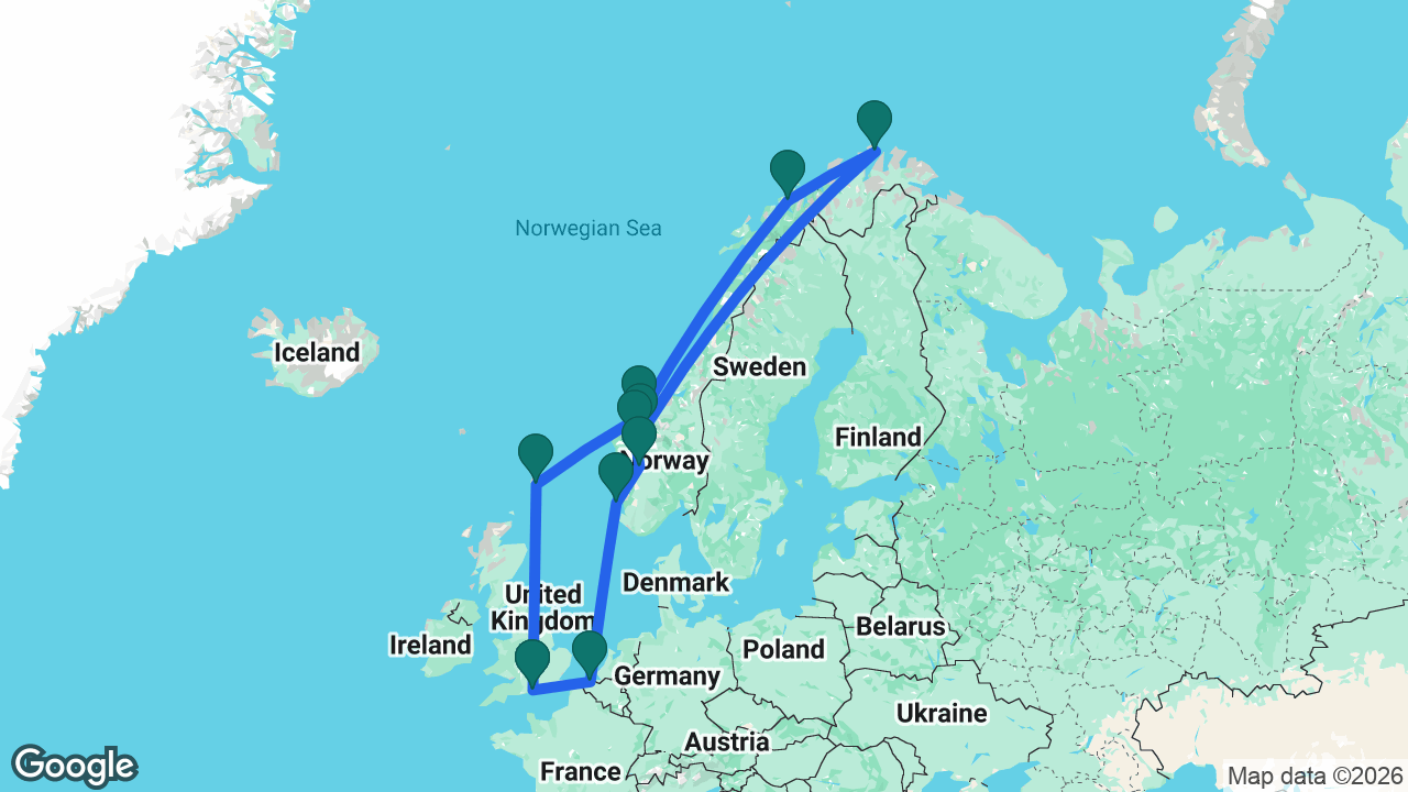 Route map: Southampton -> Lerwick -> Molde -> Tromsø -> North Cape -> Geiranger -> Olden -> Flåm -> Haugesund -> Bruges -> Southampton
