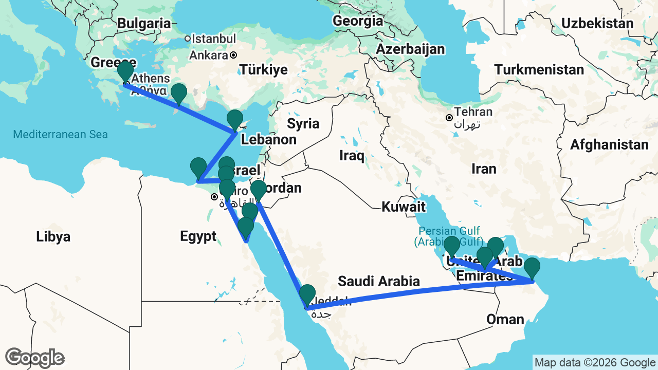 Route map: Athens -> Rhodes -> Limassol -> Alexandria -> Port Said -> Suez Canal -> Sokhna -> Safaga -> Sharm el Sheikh -> Petra -> Jeddah -> Muscat -> Doha -> Abu Dhabi -> Dubai