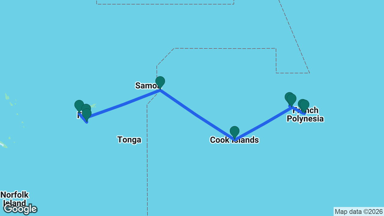 Route map: Tahiti -> Moorea -> Bora Bora -> Raiatea -> Cook Islands -> Pago Pago -> Fiji -> Dravuni Island -> Lautoka