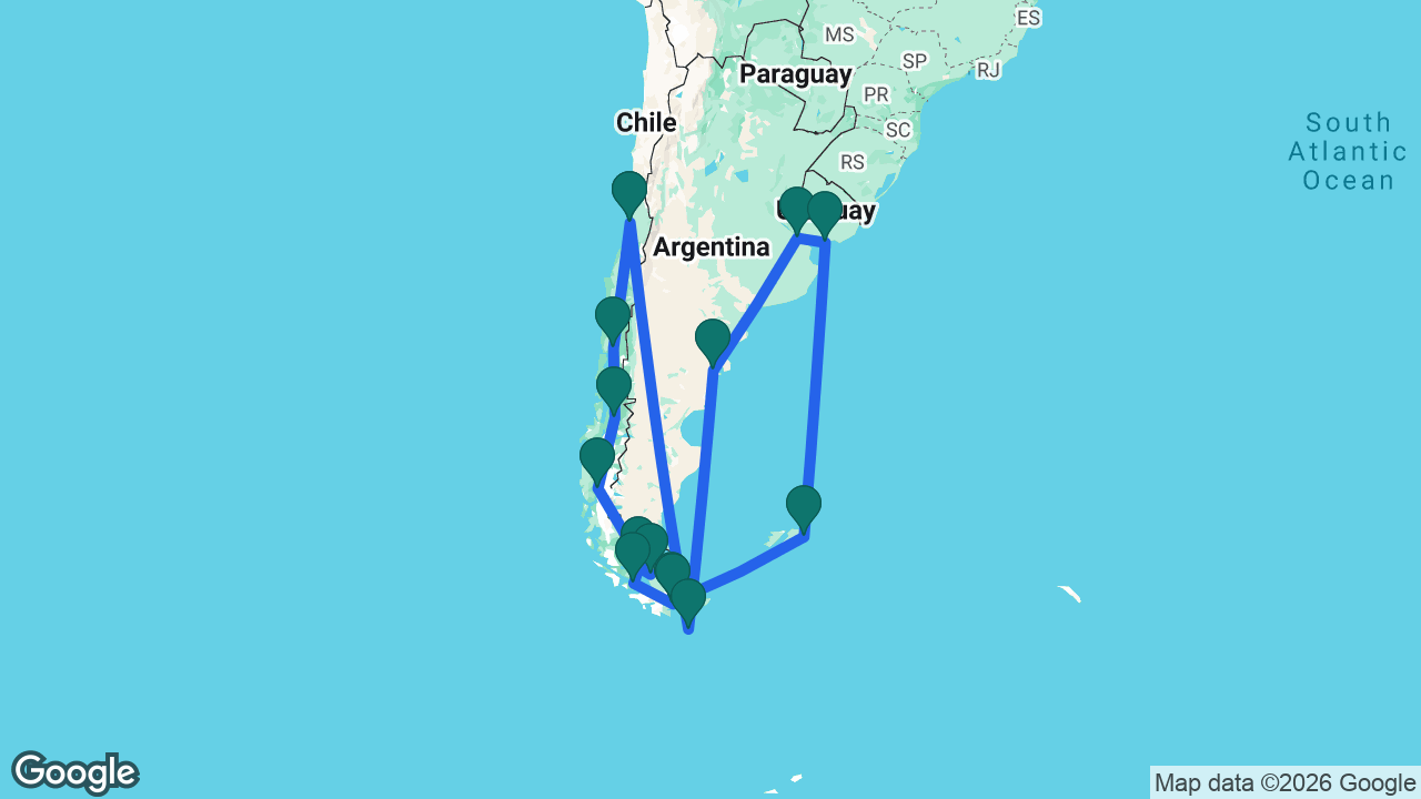 Route map: San Antonio -> Puerto Montt -> Puerto Chacabuco -> Pío XI Glacier -> Strait of Magellan -> Punta Arenas -> Cockburn Channel -> Beagle Channel -> Ushuaia -> Port Stanley -> Montevideo -> Buenos Aires -> Puerto Madryn -> Drake Passage -> San Antonio
