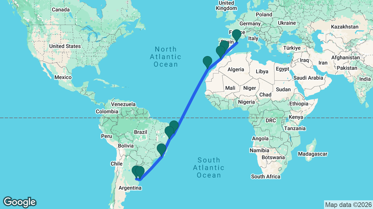 Route map: Barcelona -> Gibraltar -> Casablanca -> Gran Canaria -> Maceió -> Salvador -> Rio -> Montevideo -> Buenos Aires