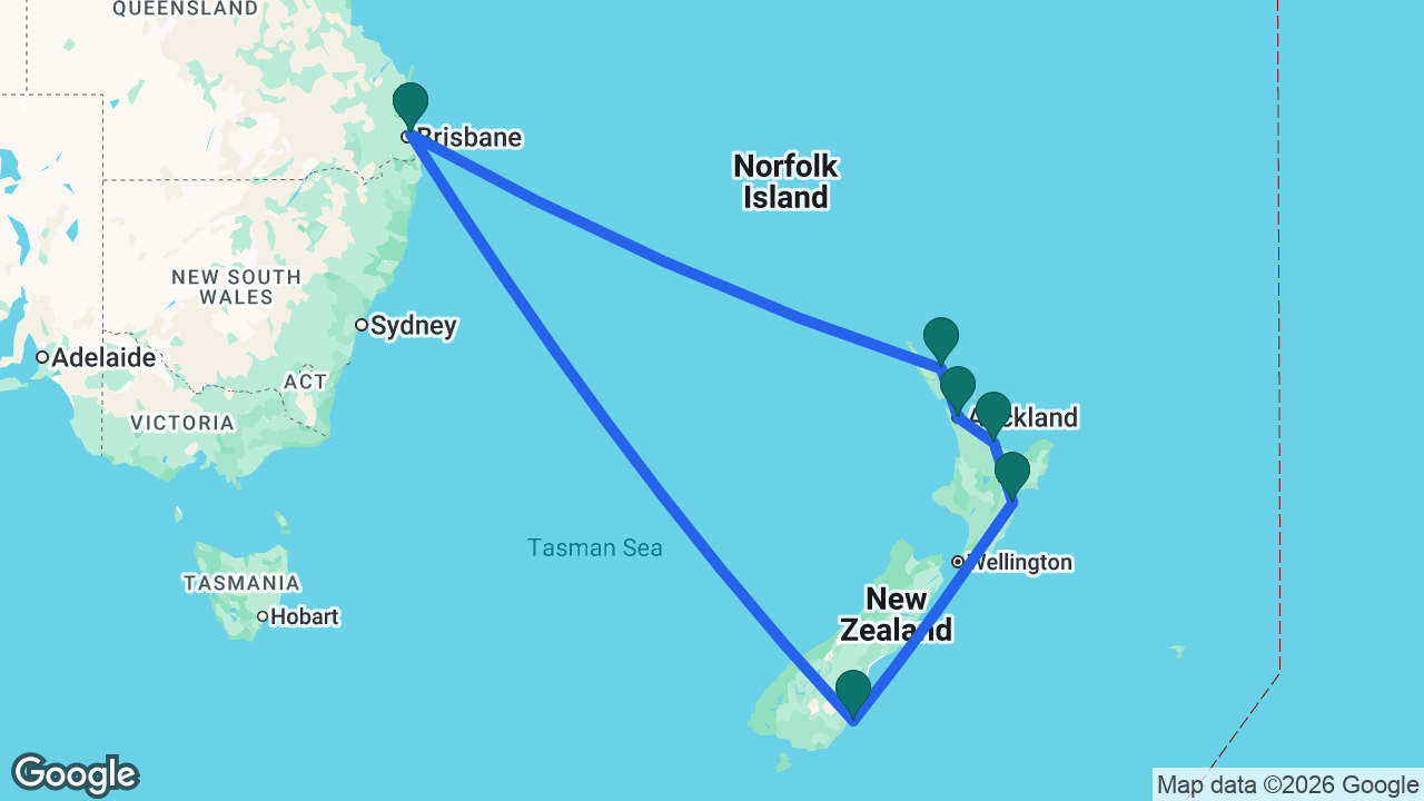 Route map: Brisbane -> Bay of Islands -> Auckland -> Tauranga -> Napier -> Dunedin -> Brisbane