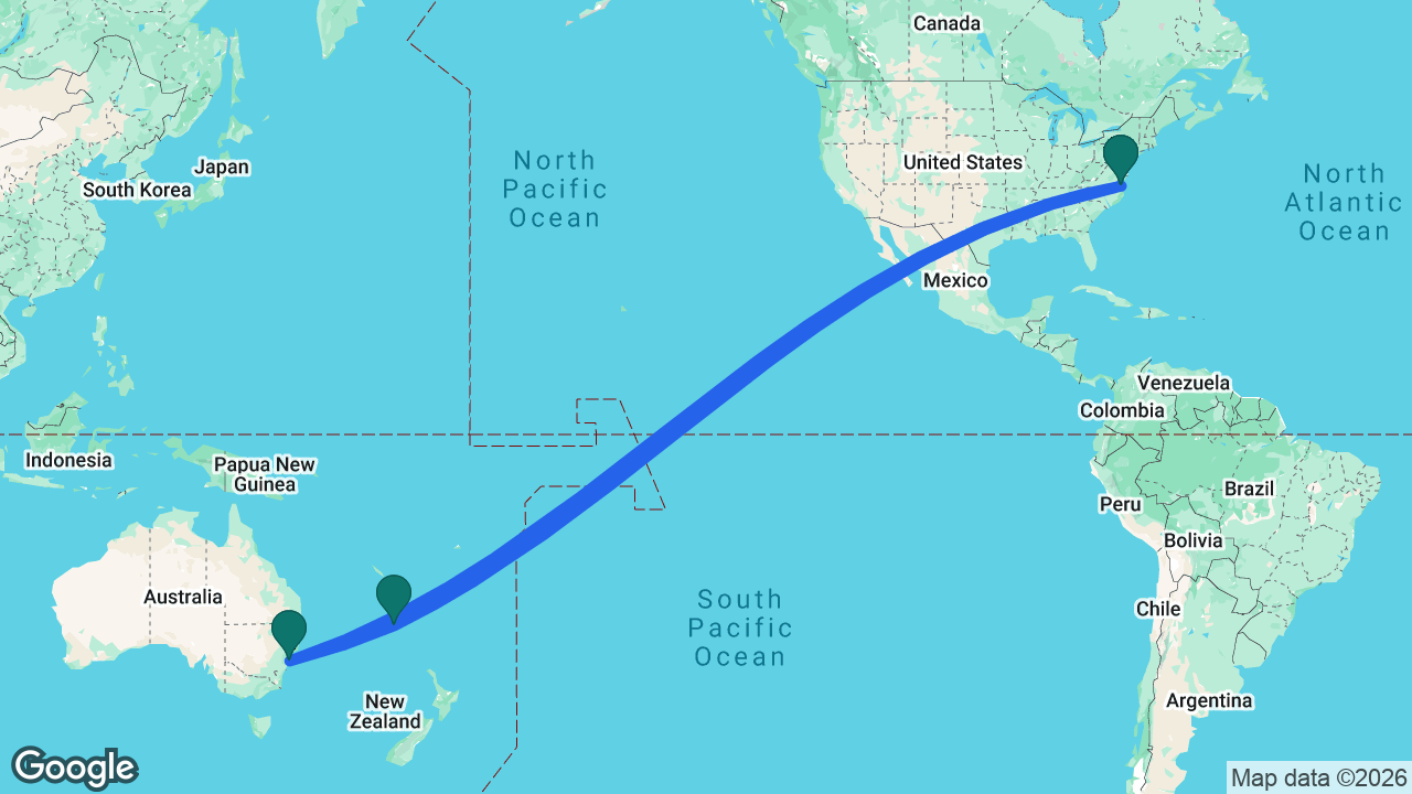 Route map: Norfolk -> Norfolk Island -> Sydney -> Norfolk