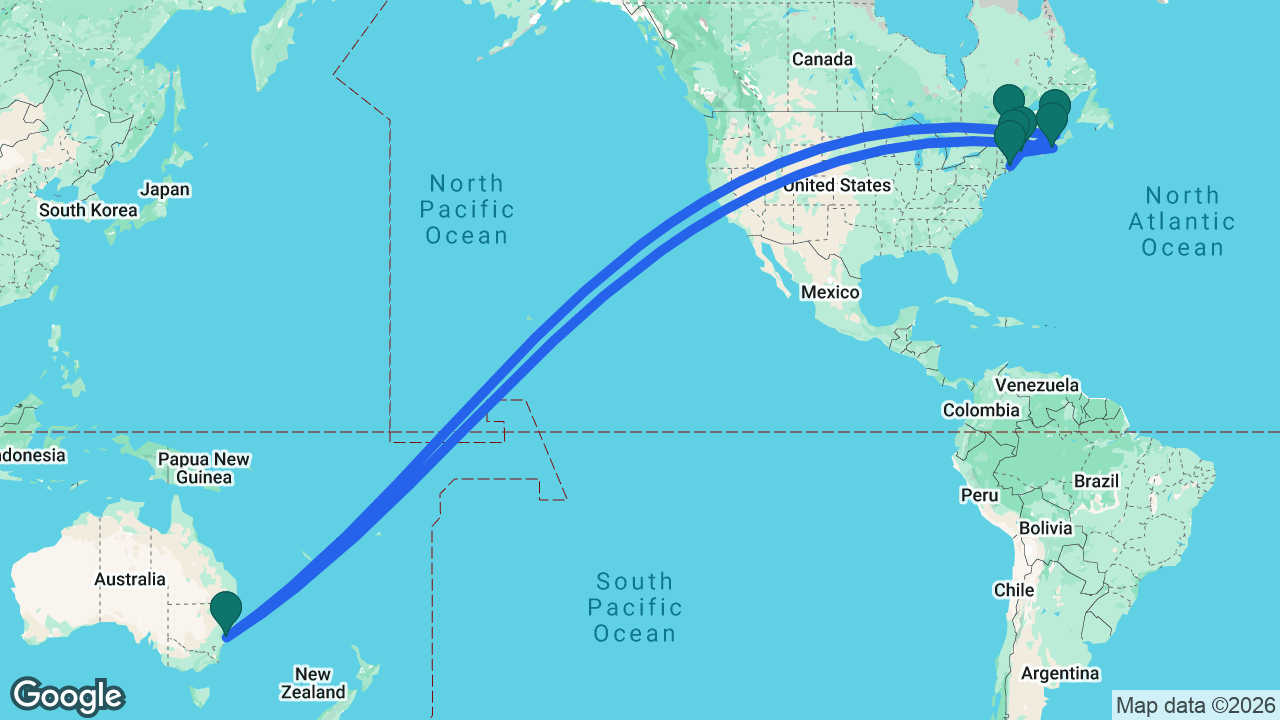 Route map: Boston -> Rockland -> Halifax -> Sydney -> Québec City -> Charlottetown -> Portland -> Boston