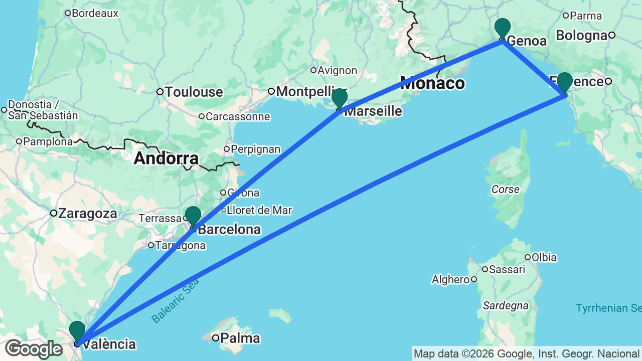 Route map: Valencia -> Barcelona -> Marseille -> Genoa -> Florence -> Valencia