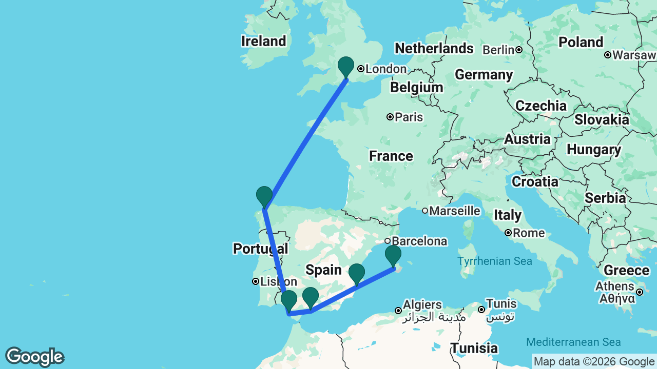 Route map: Southampton -> La Coruña -> Cádiz -> Málaga -> Alicante -> Mallorca