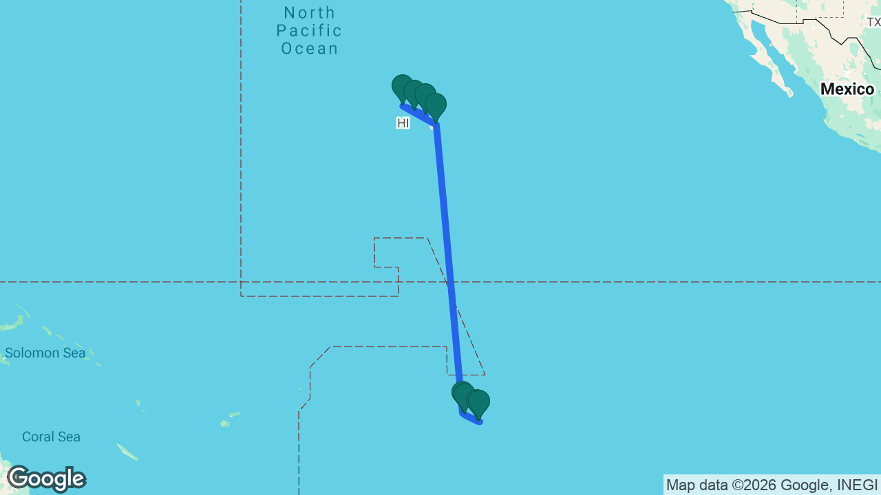 Route map: Honolulu -> Maui -> Kauai -> Hilo -> Bora Bora -> Raiatea -> Moorea -> Tahiti