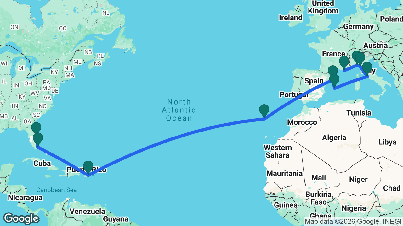 Route map: Marseille -> Genoa -> La Spezia -> Rome -> Mallorca -> Barcelona -> Madeira -> San Juan -> Miami -> Port Canaveral
