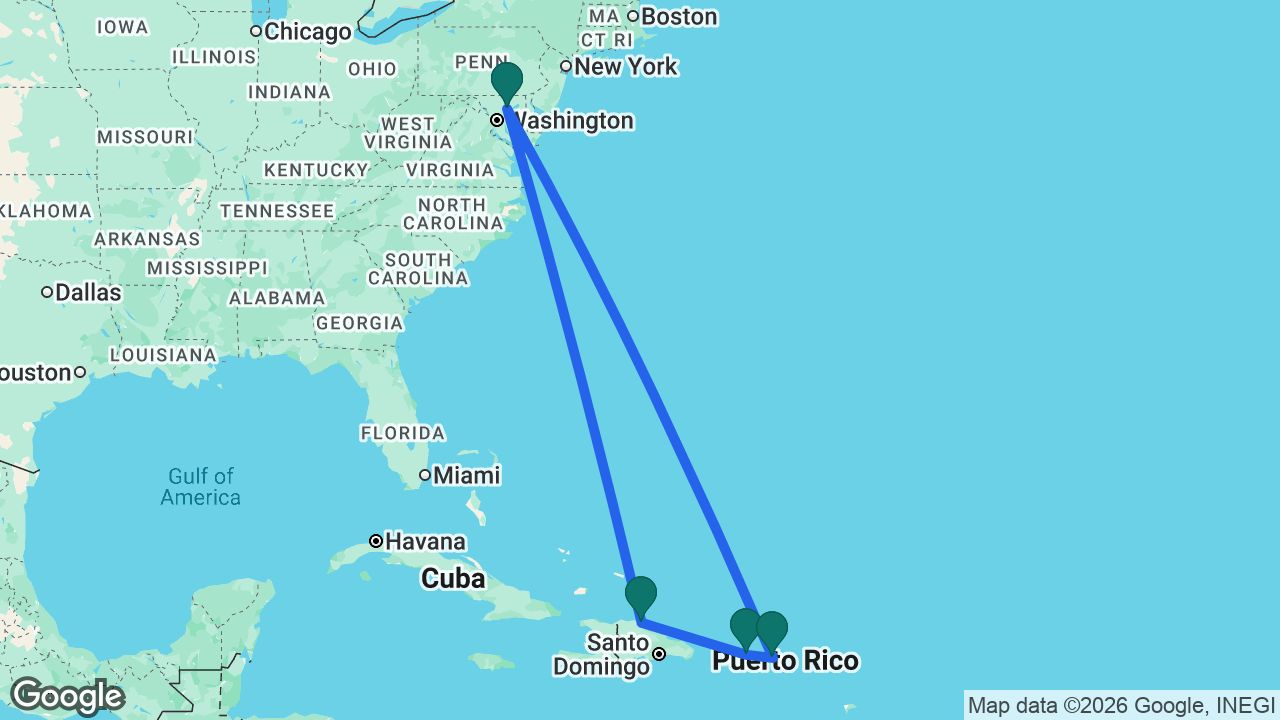 Route map: Baltimore -> Amber Cove -> San Juan -> St. Thomas -> Baltimore