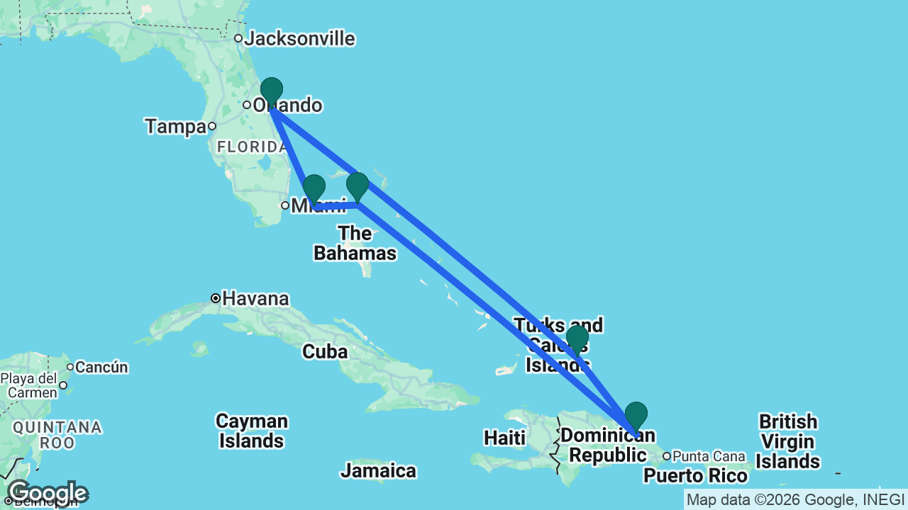 Route map: Port Canaveral -> Grand Turk -> Samaná -> CocoCay -> Bimini -> Port Canaveral