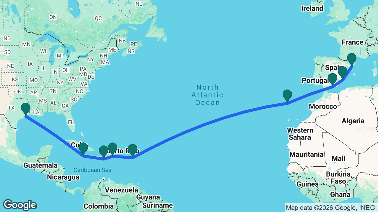 Route map: Barcelona -> Alicante -> Motril -> Madeira -> St. Maarten -> La Romana -> Cabo Rojo -> Falmouth -> Galveston