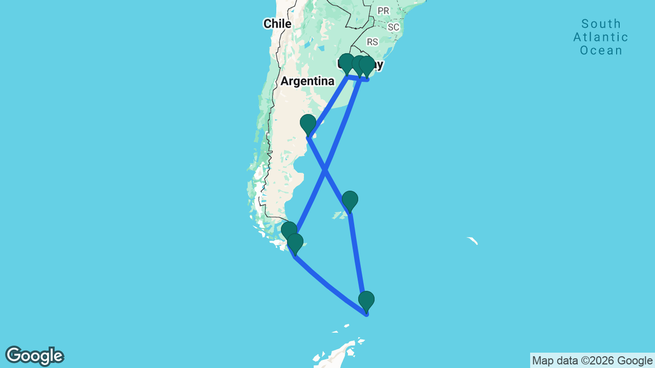 Route map: Buenos Aires -> Punta del Este -> Montevideo -> Ushuaia -> Cape Horn -> Elephant Island -> Port Stanley -> Puerto Madryn -> Buenos Aires